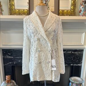 Zara Cream Lace Double-Breasted Blazer